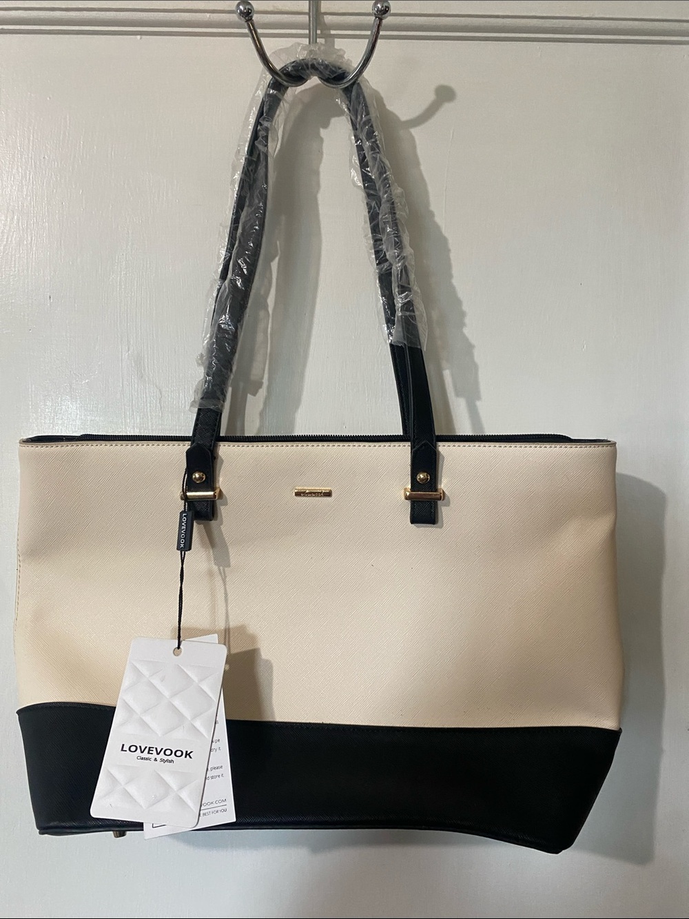LOVEVOOK Cream and Black Two-Tone Tote Bag